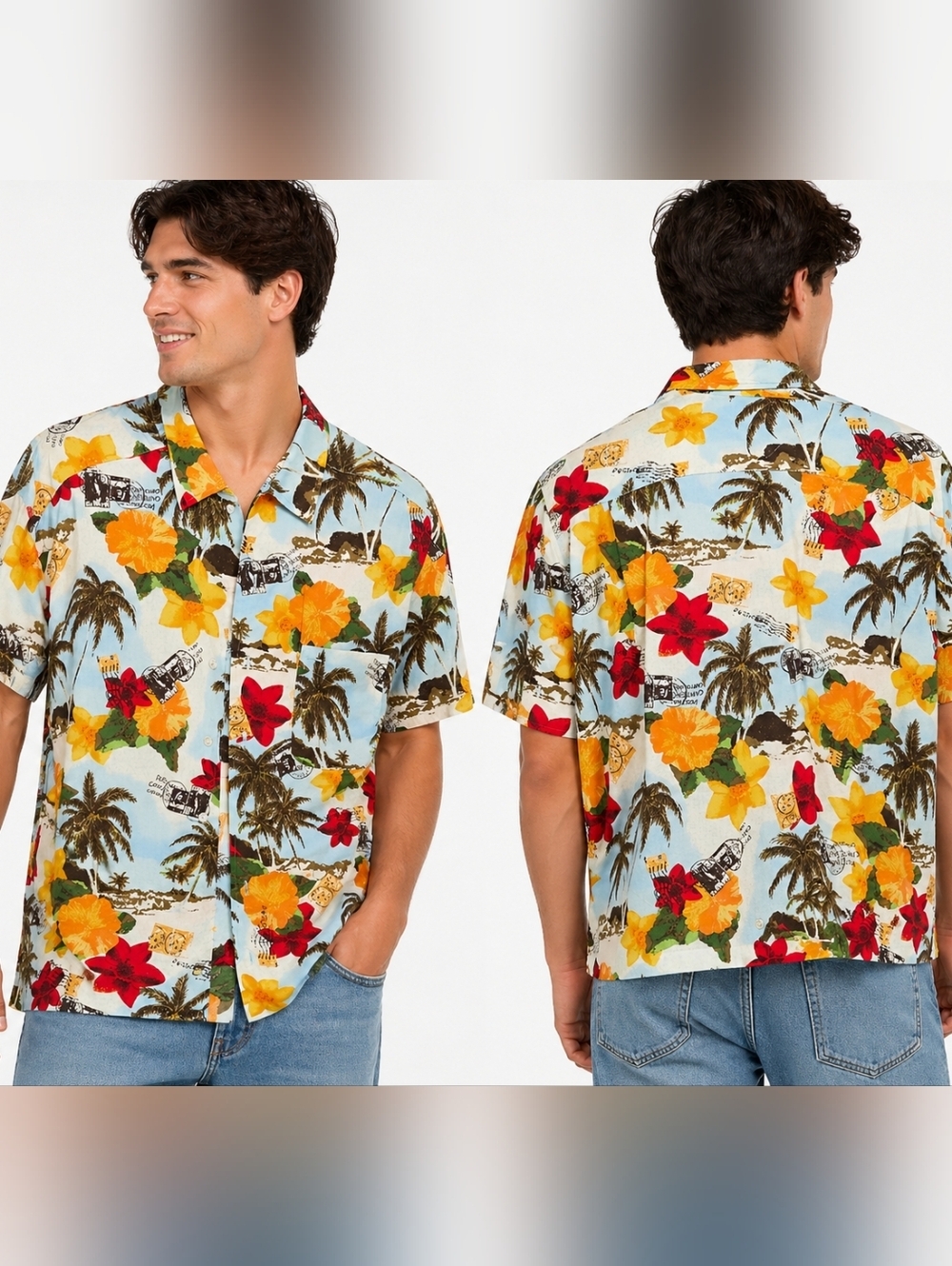 Tommy Hilfiger Hawaiian Shirt Mens Large Floral Palm Tree Rayon Button Up Camp
